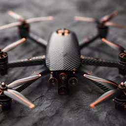 a black, orange and gray model of an rcp quad rotor,a grey and orange quadruple of propellers on a gray background