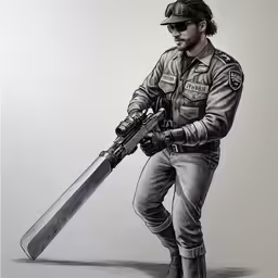 an artistic drawing of a man in military clothes carrying a giant sword