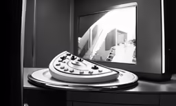 a remote control sits on a table with a television in the background
