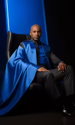a man dressed in an official outfit sitting on a chair