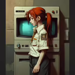 a red headed female cop wearing a white shirt is facing a tv