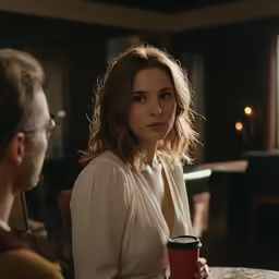 a woman in a white top and another man sitting at a table