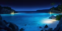 a tropical beach illuminated with bright lights at night