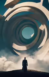 man in front of huge sculpture on top of a mountain