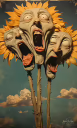 a fake sunflower head made to look like an evil creature