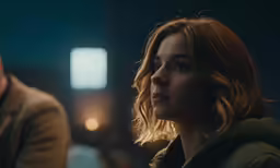 a woman standing in a room in front of a man