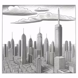 the drawing depicts skyscrapers in this city,an abstract picture of skyscrapers and clouds