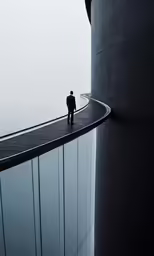 man standing on edge of building with grey sky