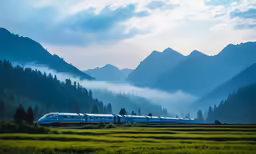 a long passenger train is coming down the tracks in front of mountains