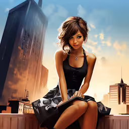 a digital drawing of a woman wearing black clothing,a painting of a woman sitting in the city