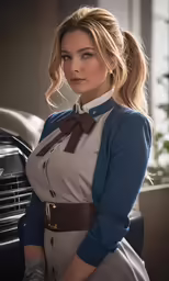 a woman with blonde hair is wearing a blue and gray uniform