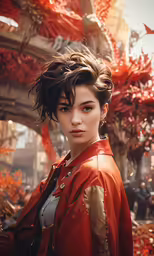 a beautiful young lady wearing a red leather jacket