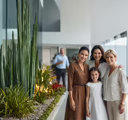 family with mother and daughter outside a glass walled building