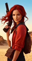 a woman holding a gun and carrying an ambig