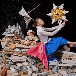 a woman with a colorful dress holding an umbrella sitting on a pile of rocks