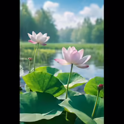 some pink flowers sitting on top of green leaf covered plants