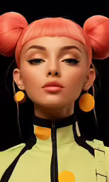 a beautiful woman with red hair with yellow circles