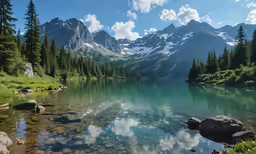 a lake in a green forest surrounded by mountains