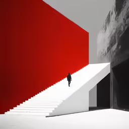 a man walks up the stairs that lead to a wall