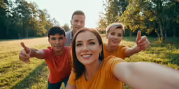 three young people posing with their thumbs up