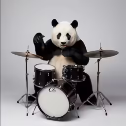a panda bear plays the drums while singing into a microphone