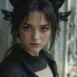 the model is wearing black clothes and with cat ears on top