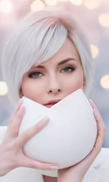 a woman holding a pillow near her face