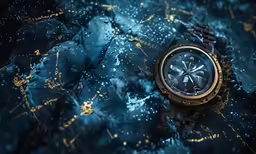 a gold and blue watch on a background of water