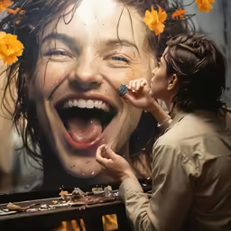 a lady taking pictures of a fake face