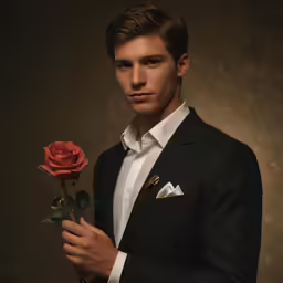 the young man in a suit is holding a flower