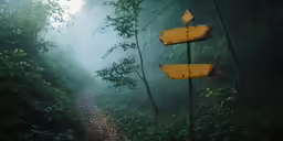a trail way in the woods is yellow with arrows pointing towards the opposite directions