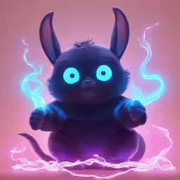 a stuffed animal sitting in the middle of smoke with glowing eyes