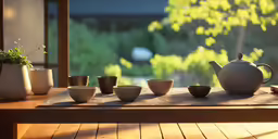 a set of five cups and kettle sitting on a table
