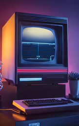 the computer is on with a plant sitting beside it