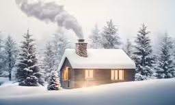a cabin with a smokestack is surrounded by snowy trees