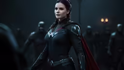 a woman in black is looking into the distance
