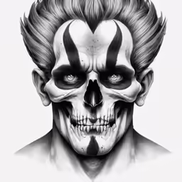 a skull wearing clown makeup has the hair styled as clowns