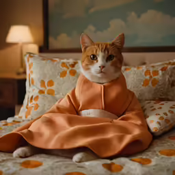 a cat with a jacket sitting on the bed