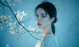 a beautiful woman is standing under white flowers