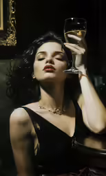 a woman sitting down holding a glass in her hand