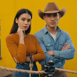 a man and woman with cowboy hats standing behind a rope
