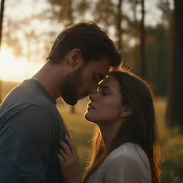 a couple sharing a kiss in the forest