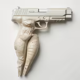 a ceramic figure of a woman holding a gun on a wall
