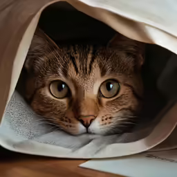 a cat peeking out from inside a white bag