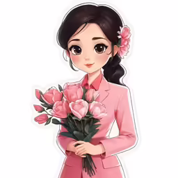 an anime girl with flowers in her hair and holding a bouquet