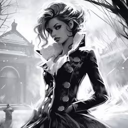 a beautiful woman with an umbrella by moonlight,a woman in a coat standing next to a tree