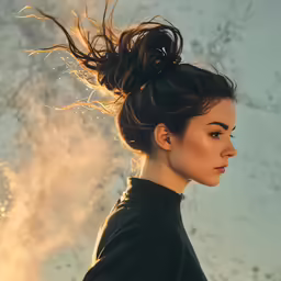 a woman standing with her hair blowing in the wind
