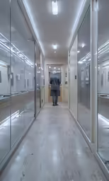 a person is walking down a long hallway through a building