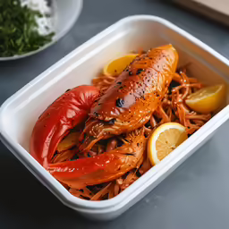 there is a plate of noodles with lobster in it