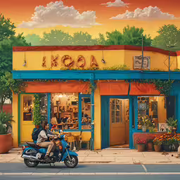 a man and woman sitting on a motorcycle in front of a cafe,there are two people riding on a motorcycle